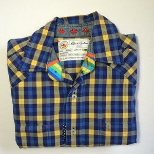 Robert Graham Jeans Button Front Checkered Shirt Small Blue Yellow Long Sleeve